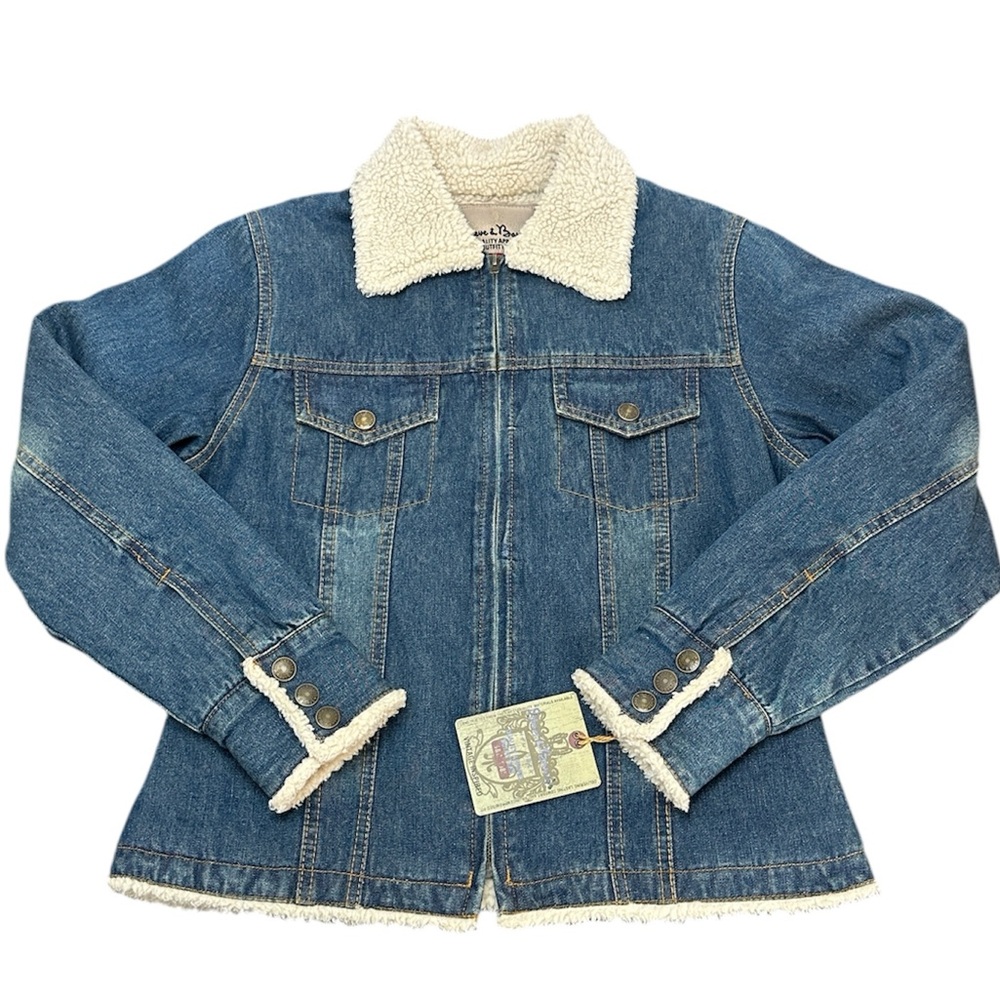Steve & Barrys Denim Jean Zip Jacket M Fitted Sherpa Trim Lined Vintage Inspired